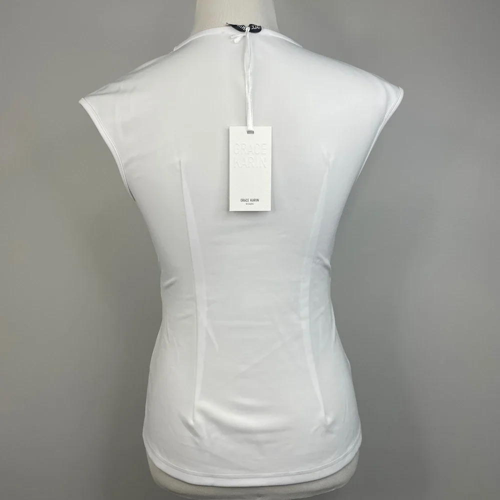 Grace Karin NWT Womens White Sleeveless Wrap V-Neck Blouse Top Side Zip Size S - Picture 3 of 10